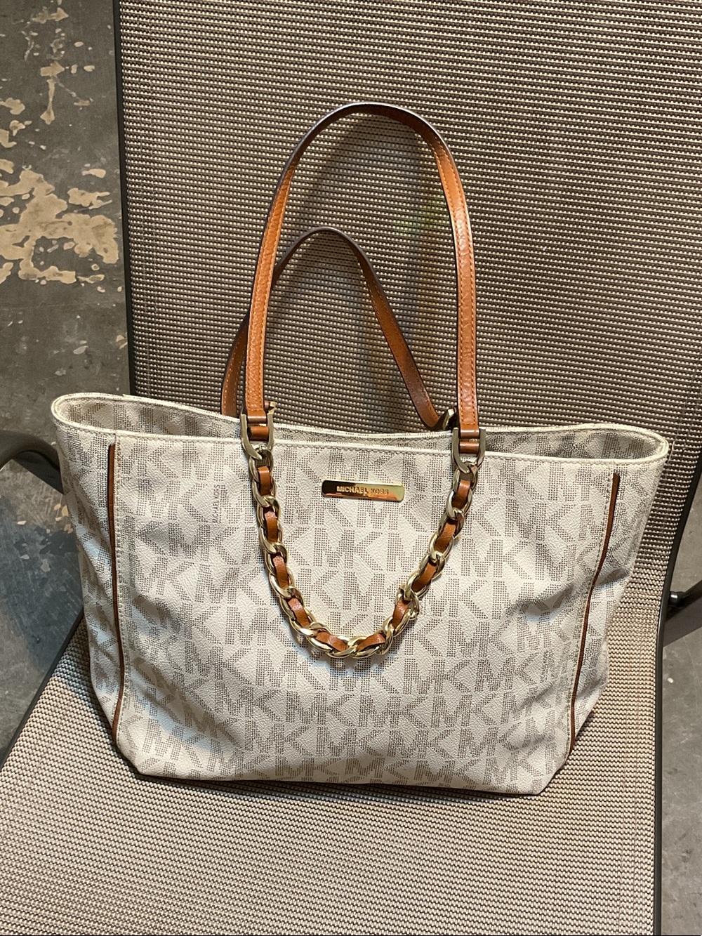 Michael Kors Beige Monogram Tote with Brown Leather Straps